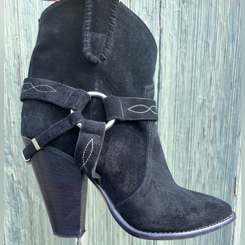 Isabel Marant  Etoile Rawson Ankle Booties Western Black Suede Harness Boots